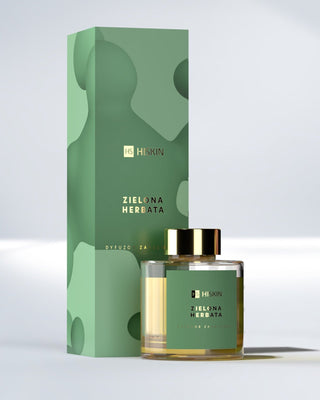 Egy illatdiffúzor üvegpalackban, természetes rattan pálcikákkal a HiSkin zöld tea illatával - 1