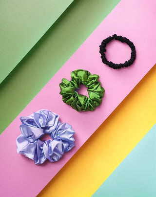 Twisty 100% -os természetes selyem hajgumi készlet 3 db-os lila, zöld, fekete színű - 5