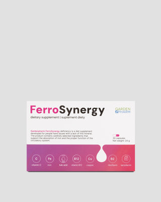 Étrendkiegészítő vashiány esetén a felszívódás támogatására C-vitaminnal, B12-vitaminnal és folsavval Gardenpharm FerroSynergy 30 db. - 1
