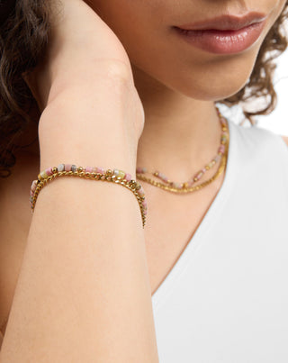 Aranyozott rozsdamentes acél nyaklánc rózsaszín és citromsárga jáde Mys_2 - 3