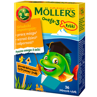 Omega-3 zsírsavakat tartalmazó étrend-kiegészítő Moller&#39;s narancs és citrom ízű hal 36 zselés cukorbogyó
