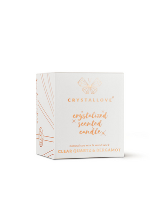 Szójagyertya hegyi kristállyal és bergamottal üvegedényben Crystallove