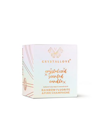 Szójagyertya színes fluoriddal és rózsaszín buborékkal üvegedényben Crystallove