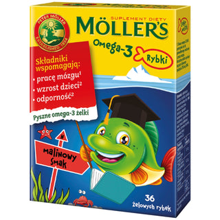 Omega-3 zsírsavakat tartalmazó étrend-kiegészítő Málna ízű hal Moller's 36 zselés cukorka - 1