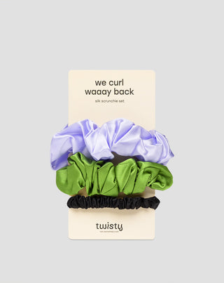 Twisty 100% -os természetes selyem hajgumi készlet 3 db-os lila, zöld, fekete színű